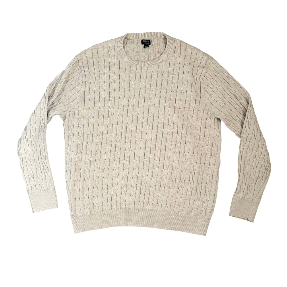 J. Crew Mens Large Beige‎ Cotton Cable Knit Crewneck Sweater Preppy Fisherman